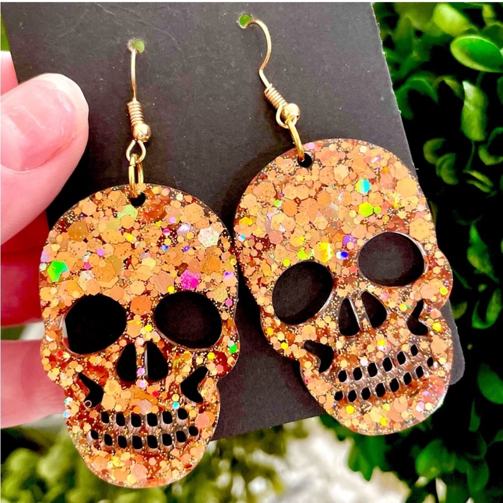 Gold Sparkle Skull Earrings